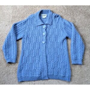 Aran Crafts Sweater Womens Large Blue 3 Button Cardigan Cable Knit Merino Wool
